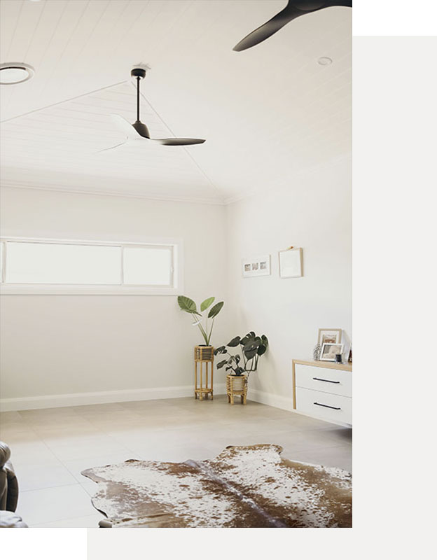 Photo of living area with raked ceiling